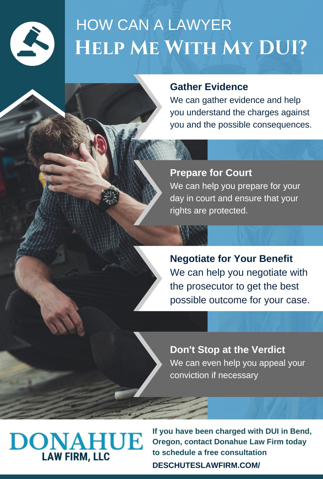 If you've been charged with DUI, you may be feeling overwhelmed and uncertain about what to do next. Donahue Law Firm can help. Our Bend DUI attorney has extensive experience handling these types of cases, and will work diligently to get the best possible outcome for you. Contact us today to schedule a consultation. We'll review your case and let you know what we can do to help.