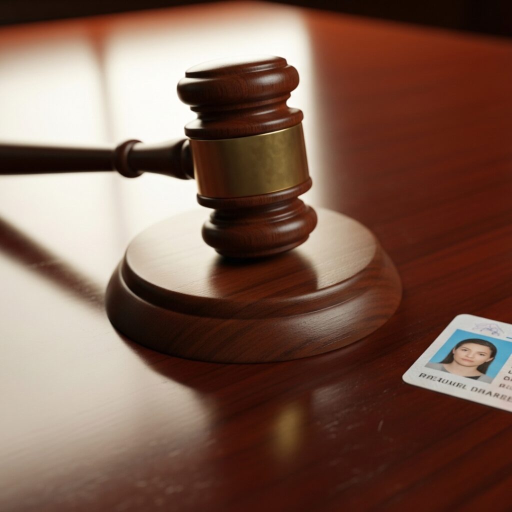 A gavel on a desk with a driver’s license placed beside it