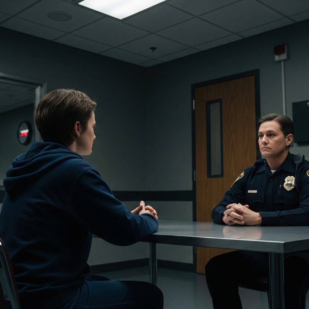 A person sitting across from a police officer in an interview room