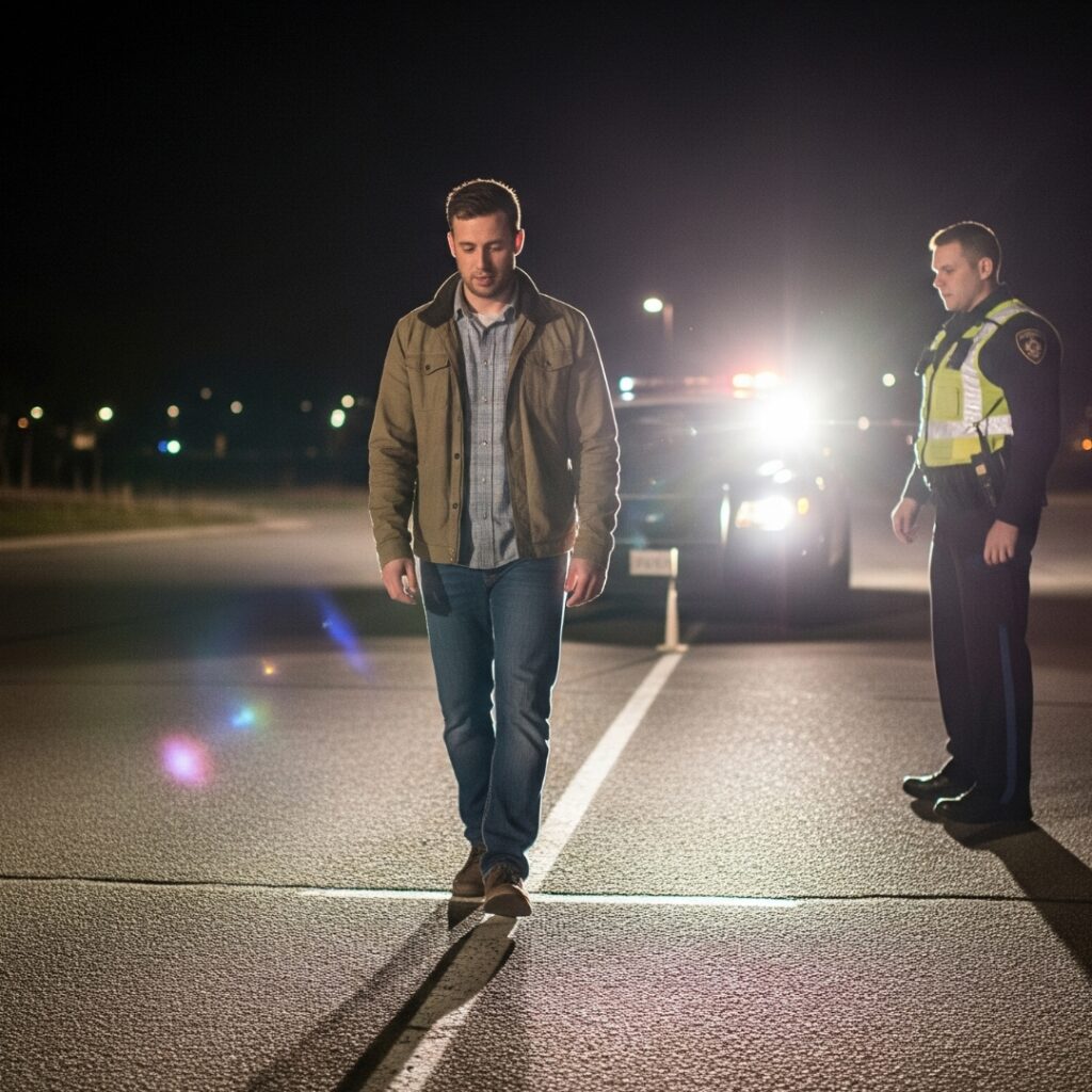 A driver being asked to walk a straight line during a field sobriety test at night