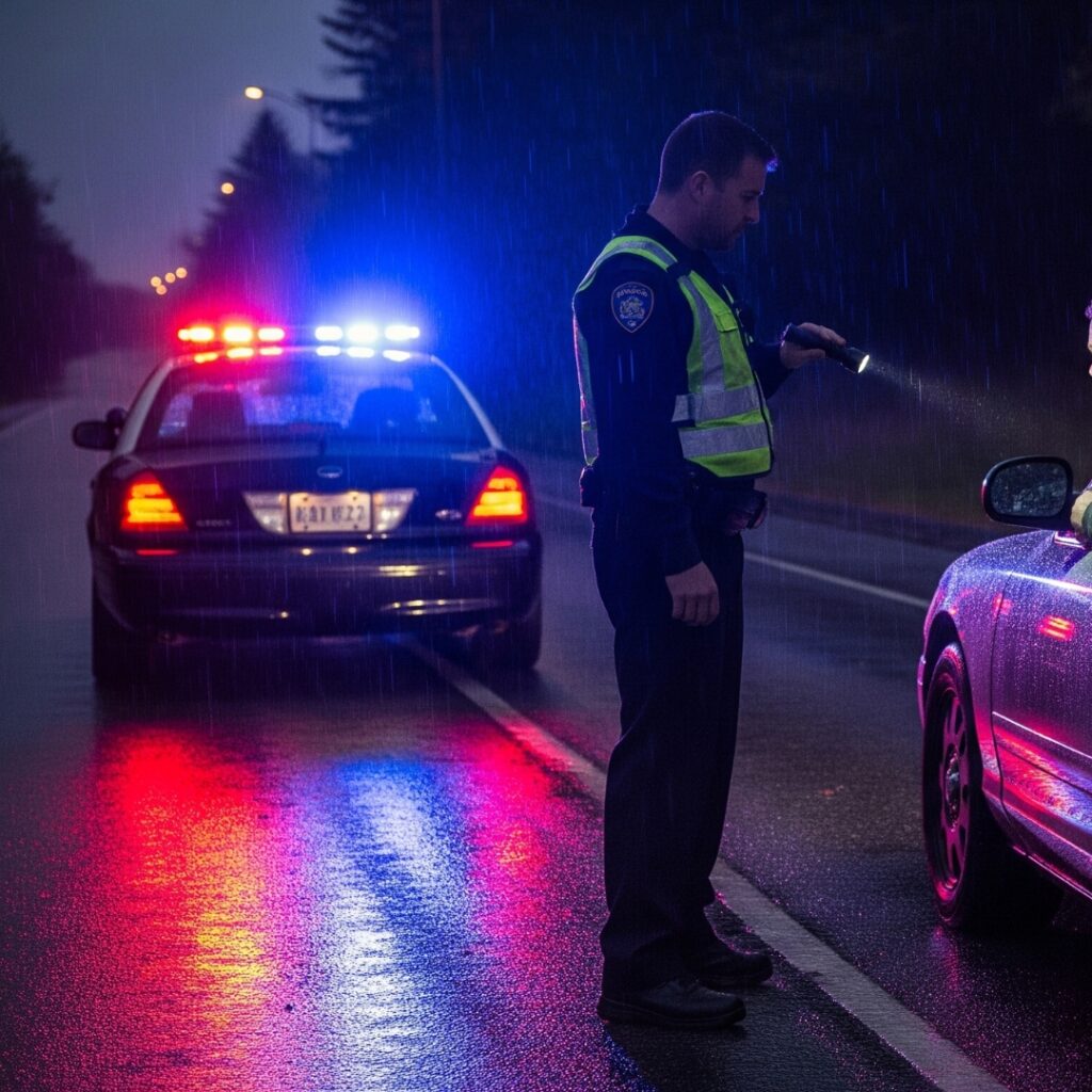 A car pulled over at night by police lights
