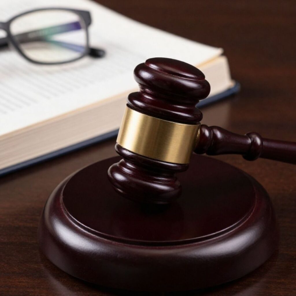 A legal gavel and book on a desk symbolizing the mechanics of DUI law and warrants.