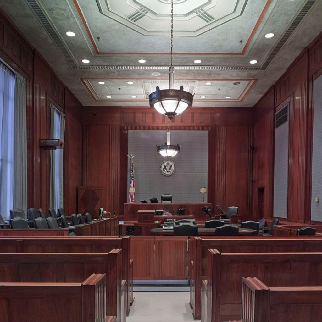 Interior view of an empty courtroom featuring dark wood paneling, pews, hanging chandeliers, and a judge's bench.