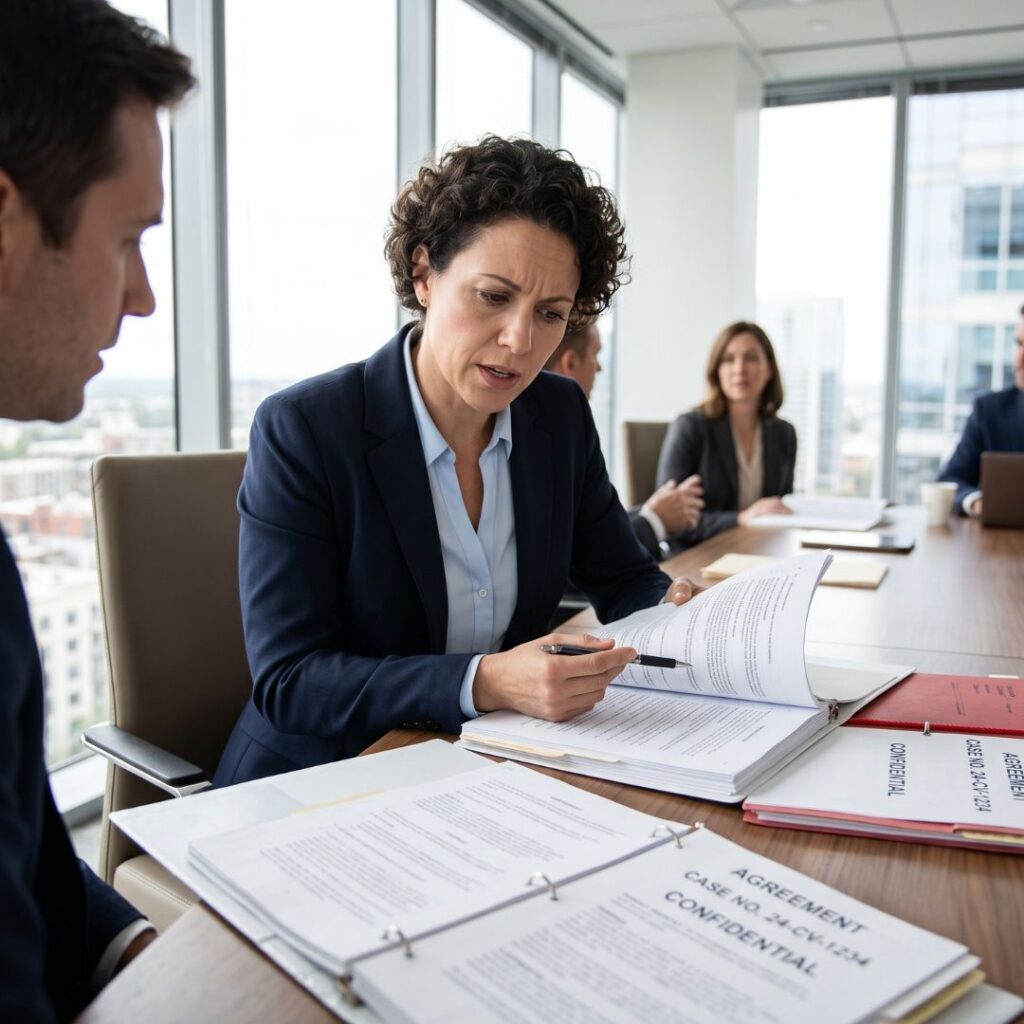 A woman in a business suit points at a paper in a binder during a meeting in a conference room with large windows.