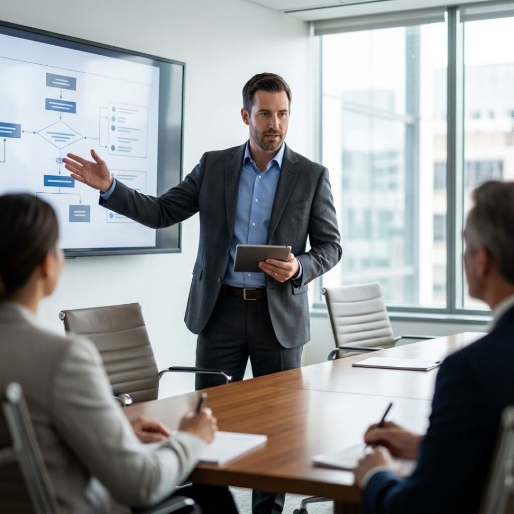 A professional in a suit presenting a flowchart diagram on a screen to colleagues in a conference room.