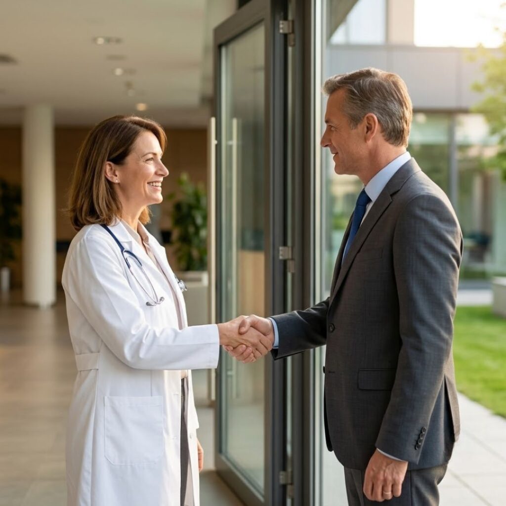 A female doctor in a white lab coat shaking hands with a businessman near glass doors.